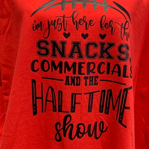 Hand Printed Small Superbowl Here for the Snacks Commercials Halftime Show Tee - Picture 2 of 5